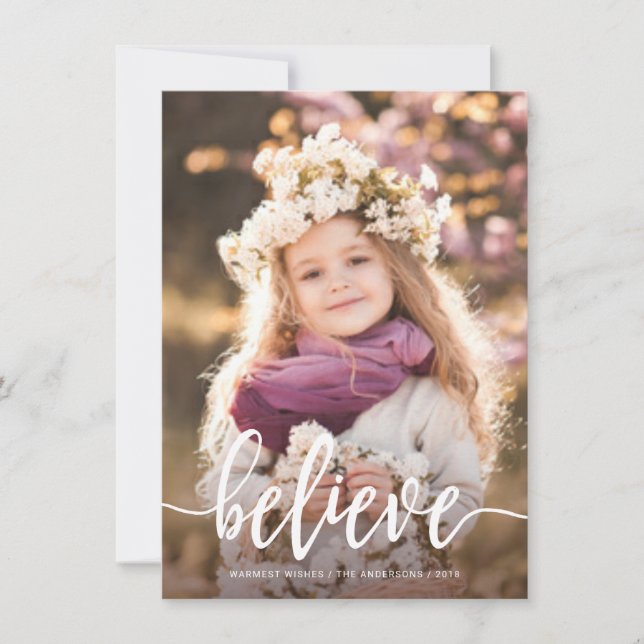 Believe Modern Handwritten Script Christmas Photo Holiday Card (Front)