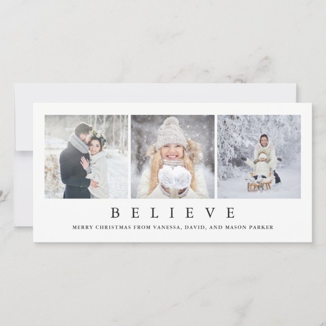 Believe | Modern Minimalist Christmas Three Photos Holiday Card (Front)