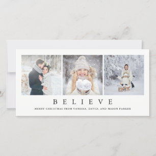 Believe   Modern Minimalist Christmas Three Photos Holiday Card
