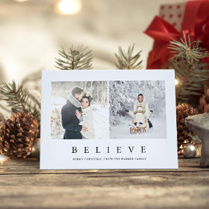 Believe Modern Minimalist Christmas Two Photo Holiday Card