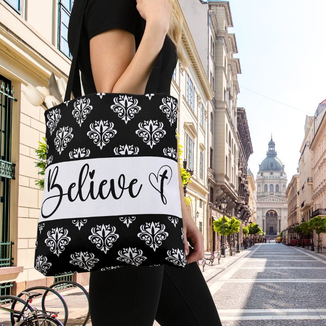 Believe Modern Script Black White Damask Christian Tote Bag (Creator Uploaded)