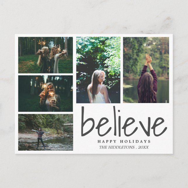 Believe Modern Typography Holiday Five Photos Postcard (Front)