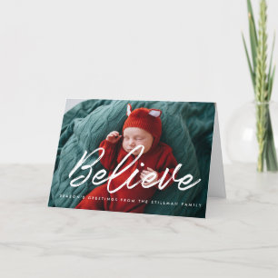 Believe Modern white font family photo Holiday Card