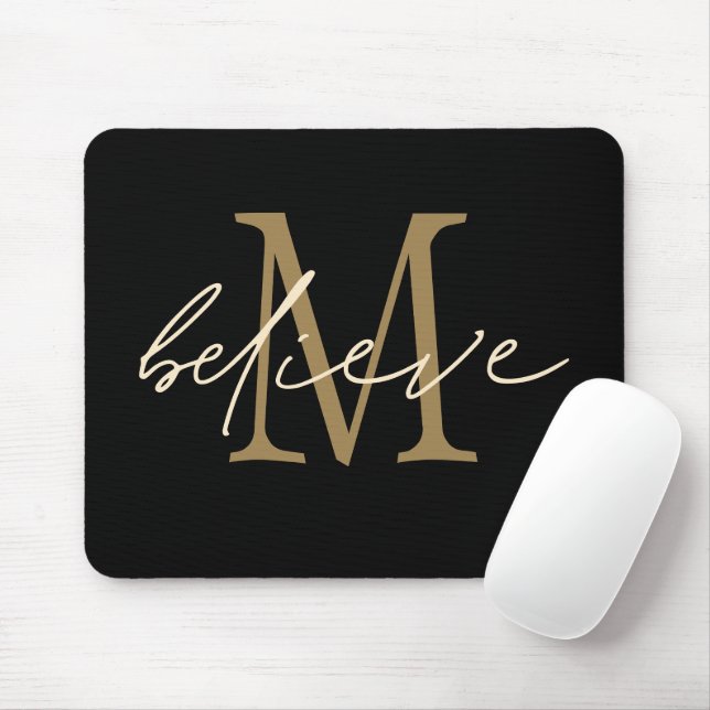 Believe Motivational Black Gold Initial Monogram Mouse Mat (With Mouse)