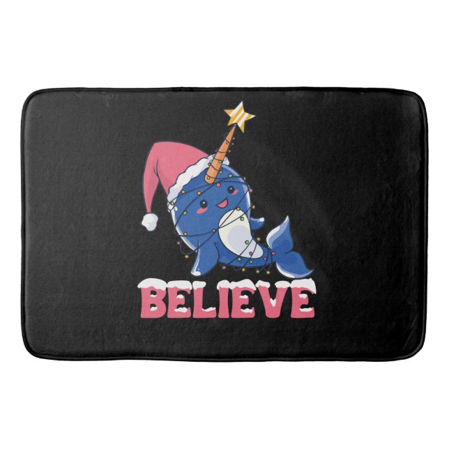 Believe Narwhal Christmas Snow Fairy Lights Bath Mat (Front)
