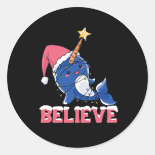 Believe Narwhal Christmas Snow Fairy Lights Classic Round Sticker