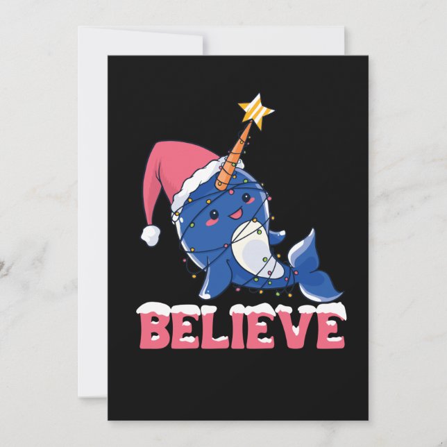 Believe Narwhal Christmas Snow Fairy Lights Holiday Card (Front)