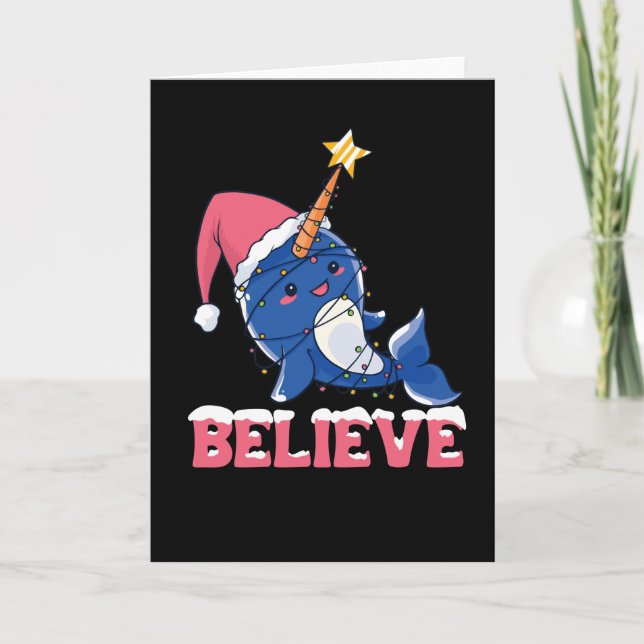 Believe Narwhal Christmas Snow Fairy Lights Holiday Card (Front)