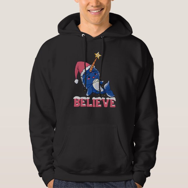 Believe Narwhal Christmas Snow Fairy Lights Hoodie (Front)