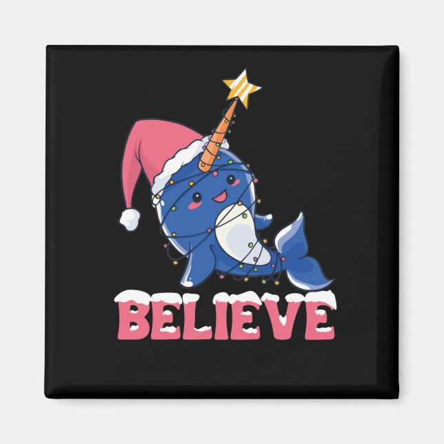 Believe Narwhal Christmas Snow Fairy Lights Magnet (Front)