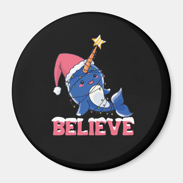 Believe Narwhal Christmas Snow Fairy Lights Magnet (Front)