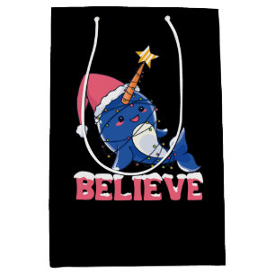 Believe Narwhal Christmas Snow Fairy Lights Medium Gift Bag