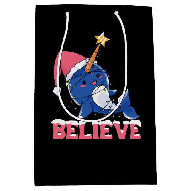 Believe Narwhal Christmas Snow Fairy Lights Medium Gift Bag (Front)