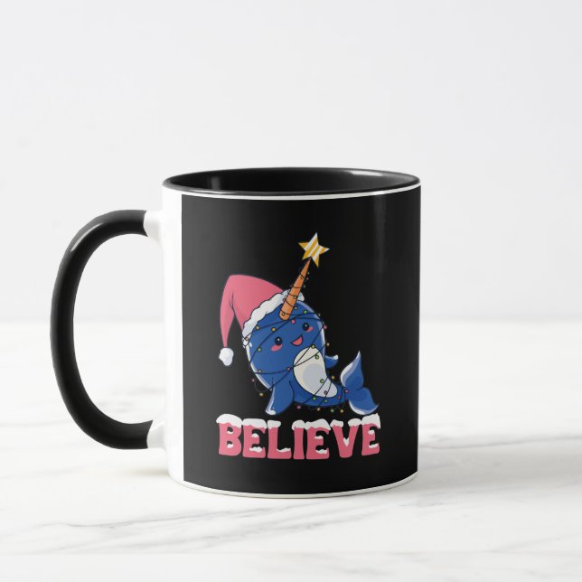 Believe Narwhal Christmas Snow Fairy Lights Mug (Left)