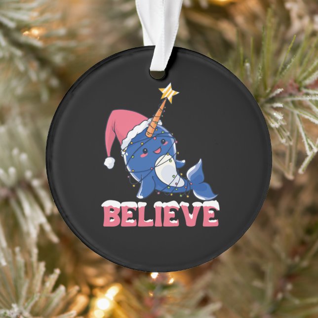 Believe Narwhal Christmas Snow Fairy Lights Ornament (Tree)