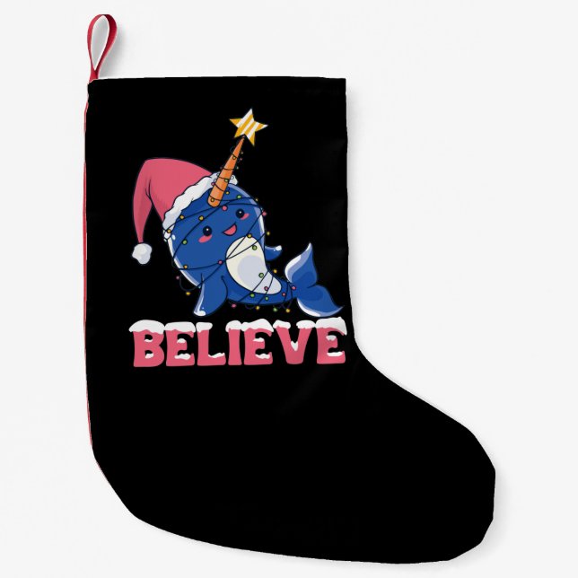 Believe Narwhal Christmas Snow Fairy Lights Small Christmas Stocking (Front)