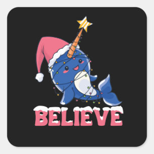 Believe Narwhal Christmas Snow Fairy Lights Square Sticker