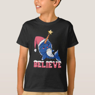 Believe Narwhal Christmas Snow Fairy Lights T-Shirt