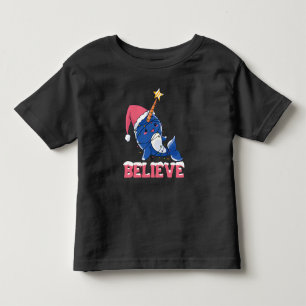 Believe Narwhal Christmas Snow Fairy Lights Toddler T-Shirt