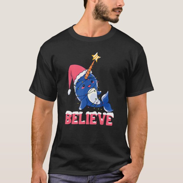 Believe Narwhal Christmas Snow With Fairy Lights T-Shirt (Front)