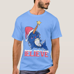 Believe Narwhal Christmas Snow with Fairy Lights T-Shirt