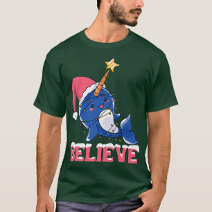 Believe Narwhal Christmas Snow with Fairy LightsT- T-Shirt