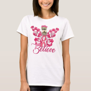 Believe Pink Ribbon Angel & Flowers Breast Cancer T-Shirt