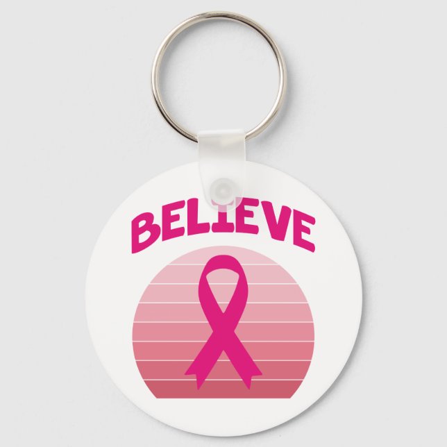 Believe Pink Ribbon Retro Key Ring (Front)