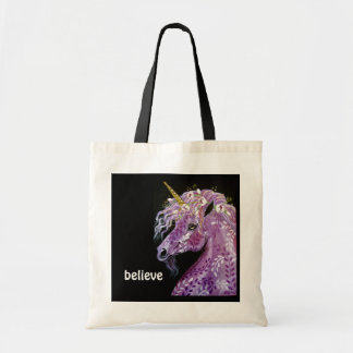 Believe purple unicorn tote bag