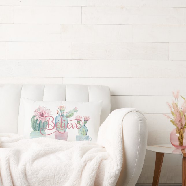 Believe Quote Green Cacti Pink Succulent Flower Lumbar Cushion (Couch)