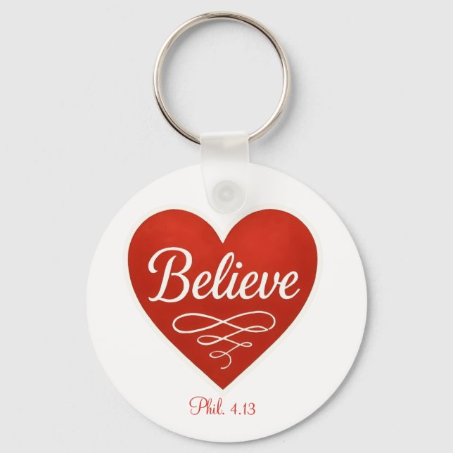 Believe red and white heart key ring (Front)