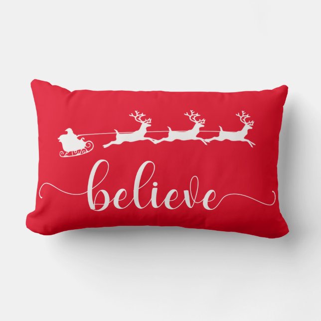 Believe | Red Christmas Holiday Lumbar Cushion (Front)