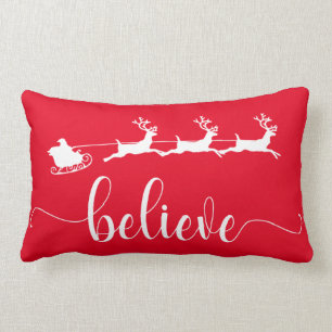 Believe   Red Christmas Holiday Lumbar Cushion