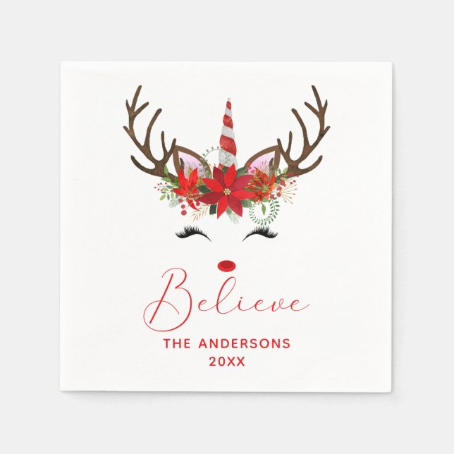 Believe Red Christmas Reindeer Unicorn Name Napkin (Front)