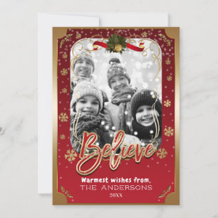 Believe Red & Gold Winter Snowflakes Holiday Photo