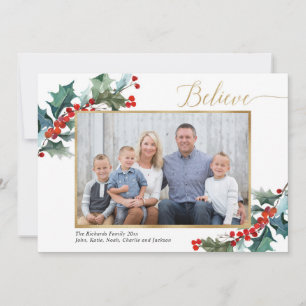 Believe red holly berries and gold photo card