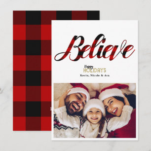 BELIEVE Red Plaid Christmas Holiday Photo Card