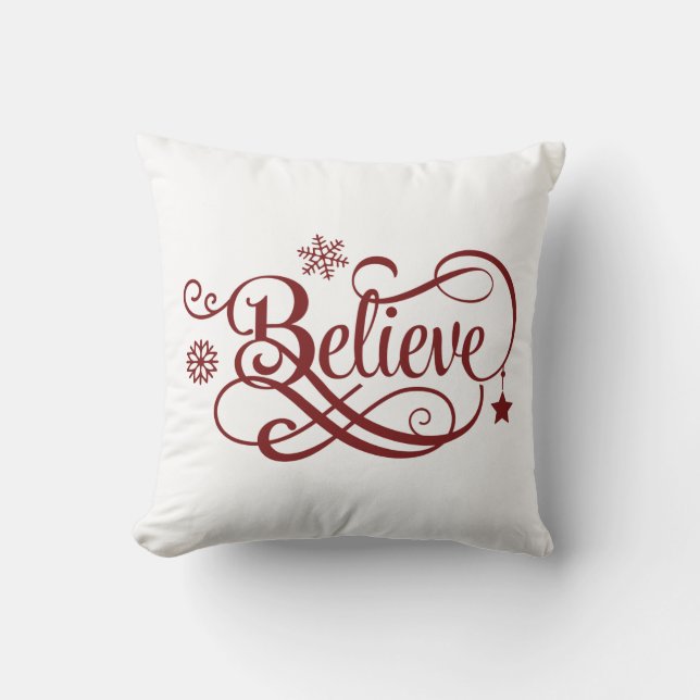 Believe Red Snowflakes Stars Christmas Holiday Cushion (Front)