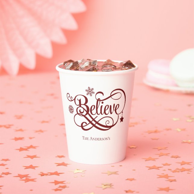 Believe Red Snowflakes Stars Christmas Holiday Paper Cups (Insitu)