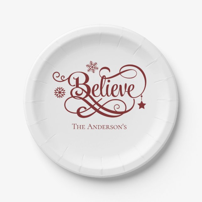 Believe Red Snowflakes Stars Christmas Holiday  Paper Plate (Front)