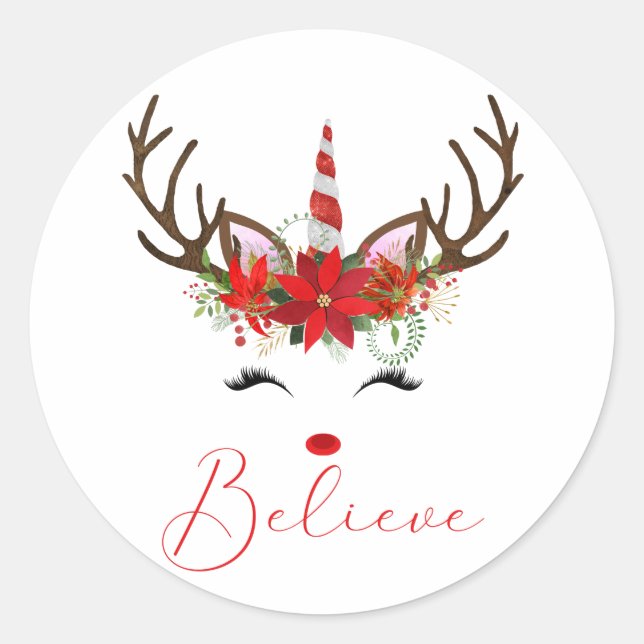 Believe Red & White Christmas Reindeer Unicorn Classic Round Sticker (Front)