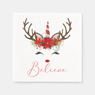 Believe Red & White Christmas Reindeer Unicorn Napkin