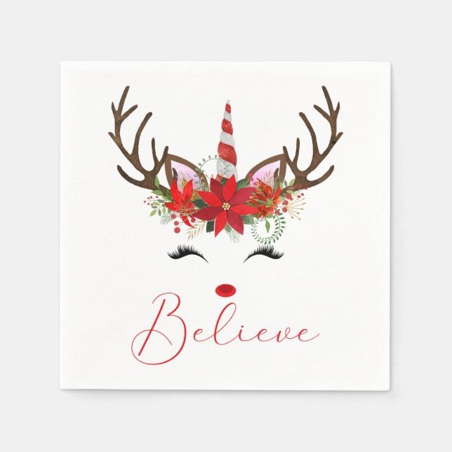 Believe Red & White Christmas Reindeer Unicorn Napkin (Front)
