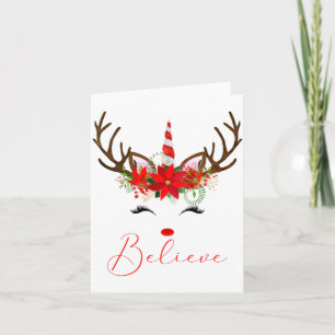 Believe Red White Insettia Reindeer Unicorn  Card