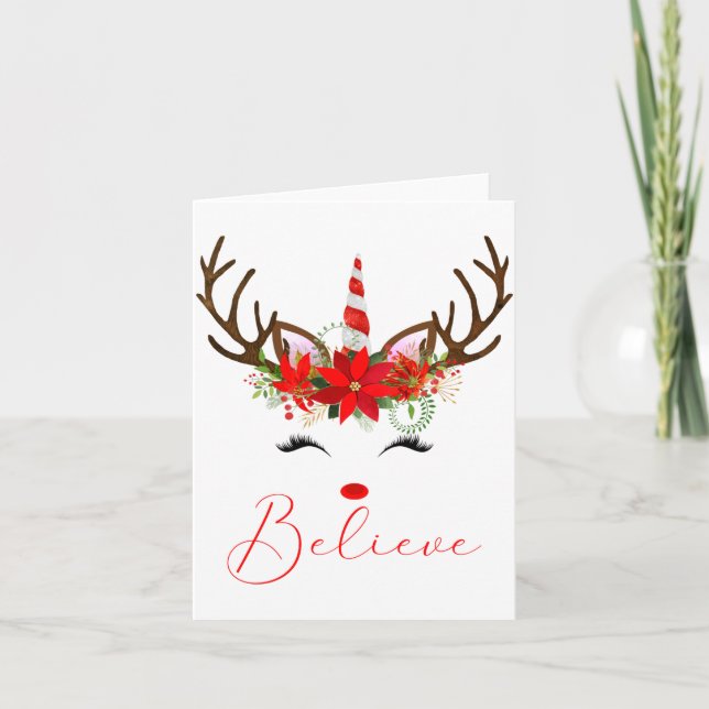 Believe Red White Insettia Reindeer Unicorn  Card (Front)