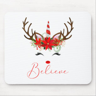 Believe Red White Insettia Reindeer Unicorn Mouse Mat