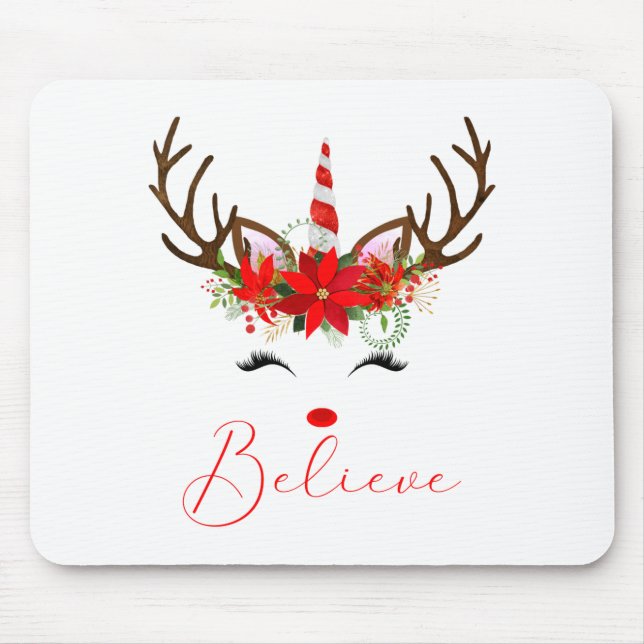 Believe Red White Insettia Reindeer Unicorn  Mouse Mat (Front)