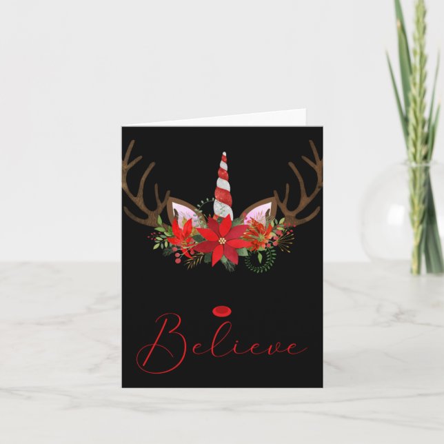 Believe Red White Insettia Reindeer Unicorn T Shir Card (Front)