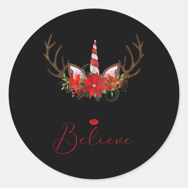 Believe Red White Insettia Reindeer Unicorn T Shir Classic Round Sticker (Front)