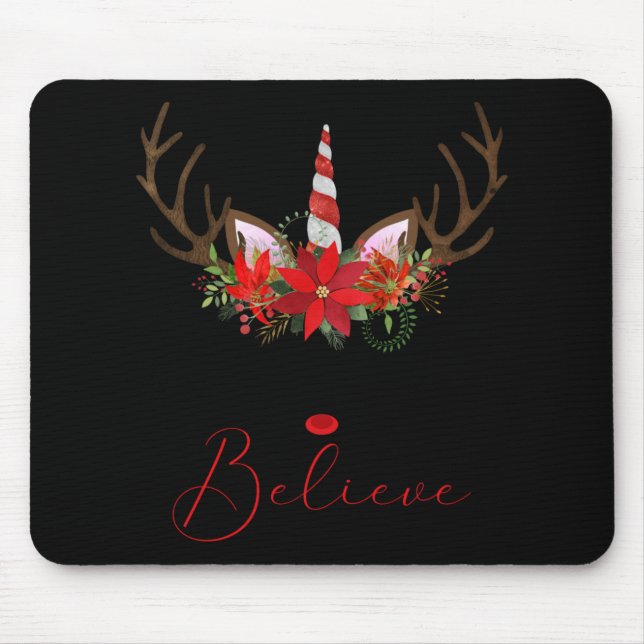 Believe Red White Insettia Reindeer Unicorn T Shir Mouse Mat (Front)